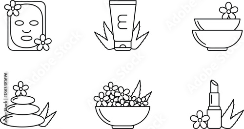 Spa and skincare line icon set with face mask cream tube stones bowl flowers and lipstick for beauty wellness.