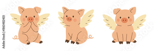 Flying piglets with wings. Cute piglet vector collection illustration for fantasy designs, kids books, and playful farm art