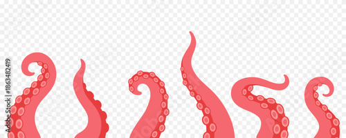 Squid tentacles with suction cups. Cartoon curled octopus arms for fantasy monsters, marine biology and underwater nautical design