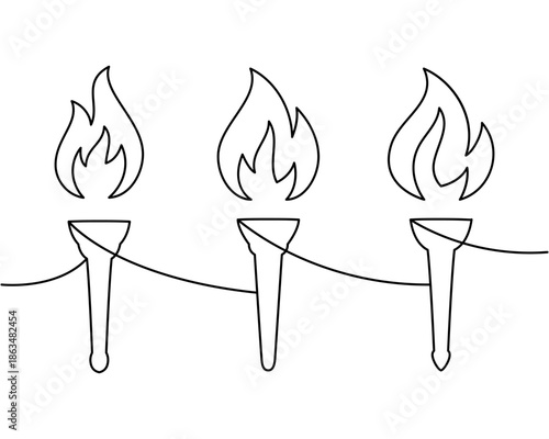 Three burning torches continuous line drawing. Minimalist one line vector flame illustration for freedom, liberty, protest and celebration