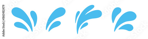 Set of three blue splash sprays. Cartoon liquid blot shapes for decoration, abstract backgrounds and creative design