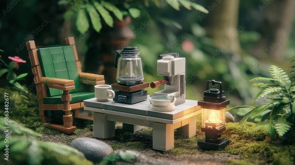 Fototapeta premium Miniature coffee break in lush, mossy nature setting with chair, table, kettle, coffeemaker, mugs, and lantern