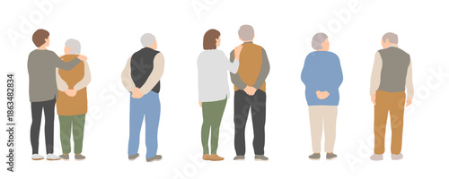 自立したシニアの後ろ姿イラストセット　日常の暮らしと見守り