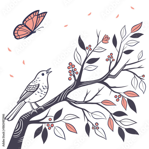 Bird singing on a branch with a butterfly