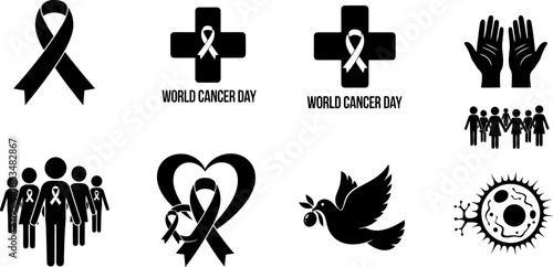 Cancer Awareness and World Cancer Day black and white flat vector icons.eps
