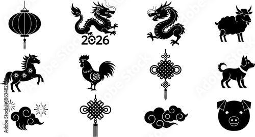 Chinese New Year Zodiac Animals and Cultural Symbols Black Silhouettes.eps