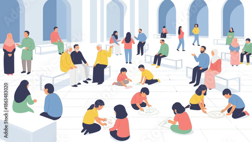 Eid Al Fitr Celebration with People Greeting in Mosque Background Vector