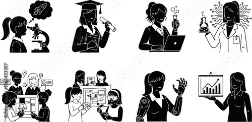 Modern flat design vector icons of women in STEM education and business roles.eps