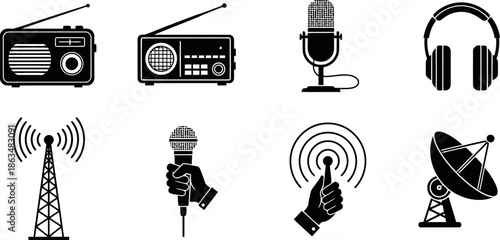 Modern minimalist black vector icons for broadcast radio and communication.eps