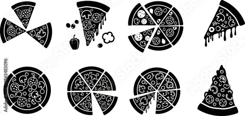 Monochrome Flat Vector Pizza Icons Featuring Slices and Toppings.eps