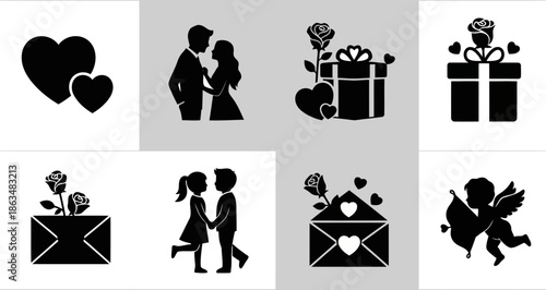 Romantic Black Silhouette Vector Icons Hearts Couples Cupid Gifts and Roses.eps