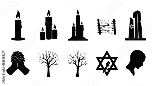 Solemn Holocaust Remembrance Vector Icons Jewish Symbols and Memorial Silhouettes.eps