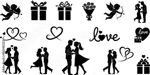 Romantic Love Silhouettes Vector Icons of Couples Hearts Cupid and Gifts.eps
