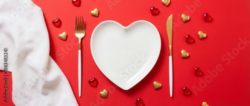 Overhead view of a white heart shaped plate set for dining with gold silverware and scattered small red and gold heart decorations on a vibrant red surface Valentines Day heart plate