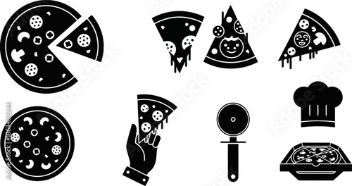 Solid black vector pizza icons whole slices chef hat cutter box.eps