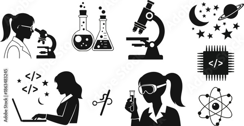 STEM Education Icons Science Technology Female Scientists Flat Design Silhouettes.eps