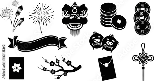 Traditional Chinese Cultural Symbols and Festive Icons Black and White Vector Set.eps