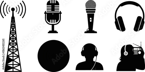 Title Broadcasting and Audio Communication Icons Simple Black Silhouettes.eps