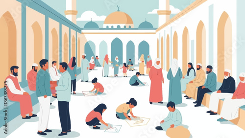 Eid Al Fitr Celebration with People Greeting in Mosque Background Vector