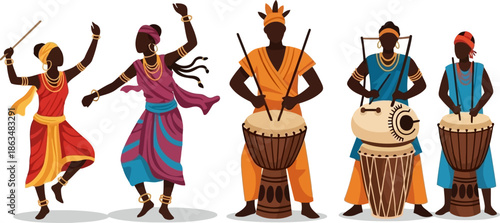 Vibrant African Cultural Dance and Drumming Vector Art.eps