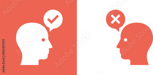 Human head profile silhouettes with speech bubbles containing check and cross symbols representing positive thinking decision making right wrong and mental health concepts