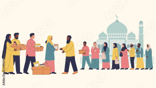 Eid Al Fitr Celebration with People Greeting in Mosque Background Vector