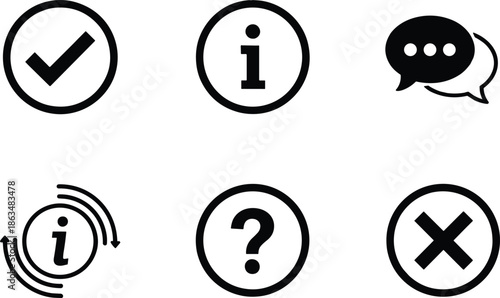 Set of minimalist user interface icons featuring check mark information symbol speech bubbles question mark and close button for web app design