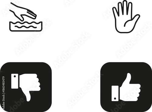 Set of minimalist hand gesture icons featuring hand washing procedure stop sign and thumbs up or down social media feedback button symbols