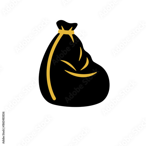 Black garbage bag icon with yellow drawstring, isolated on white background, representing waste disposal and recycling