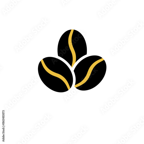 A stylish vector illustration of three coffee beans, featuring a sleek black and gold design. Perfect for coffee shop branding, beverage packaging, or digital menus