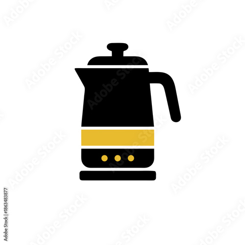 Black electric kettle icon with yellow band and three indicator lights on white background, clean and simple design