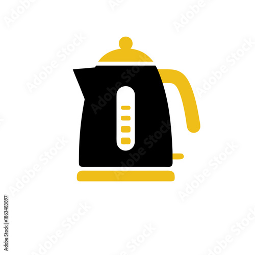 Black electric kettle with yellow accents and water level indicator, isolated on white background, vector illustration