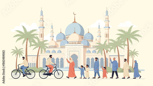 Eid Al Fitr Celebration with People Greeting in Mosque Background Vector