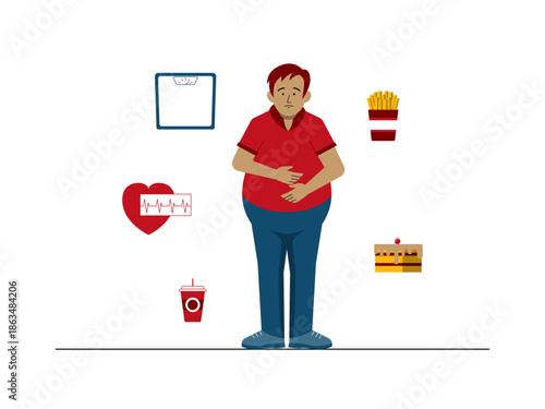 An overweight man surrounded by items related to unhealthy eating and health concerns. Social issues illustration. Flat vector illustration.
