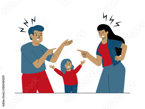 Parents arguing in front of their children, an argument that can have a negative impact on the child's mental health. Social issues illustration. Flat vector illustration.