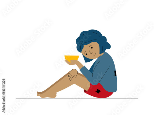 A small child who is in a state of poverty or need. Social issues illustration. Flat vector illustration.