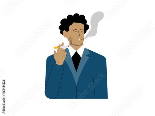 Man in suit smoking cigarette. Social issues illustration. Flat vector illustration.