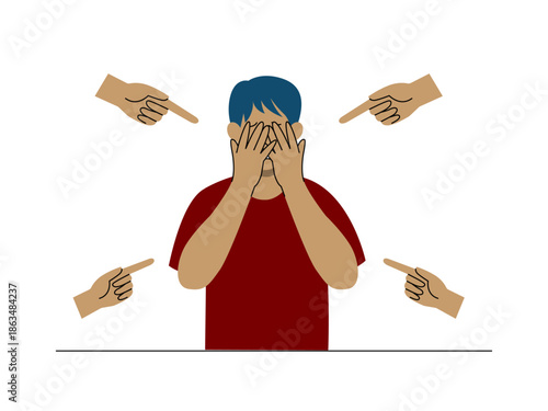 A boy who cries and is depressed because of social pressure, fingers are pointed at the boy and hate him. Social issues illustration. Flat vector illustration.
