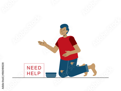 A man who appears to be homeless and asking for help or money. Social issues illustration. Flat vector illustration.