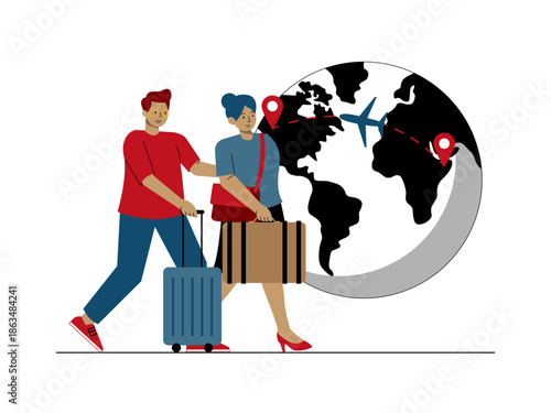 A couple with luggage planning a migration. Social issues illustration. Flat vector illustration.