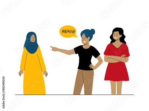 Two woman make fun of women who wear hijab or engage in religious discrimination. Social issues illustration. Flat vector illustration.
