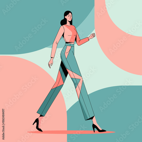 A stylized scene of a woman walking confidently in modern, fashionable attire