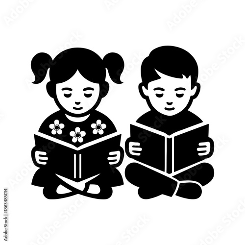 Little boy and girl sitting cross legged reading books black and white icon