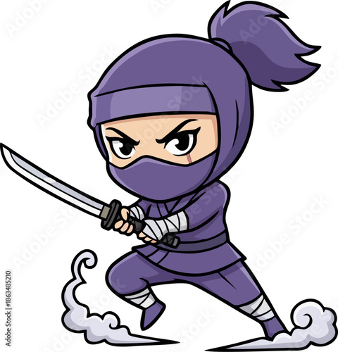 Purple kunoichi female ninja chibi cartoon with katana action pose