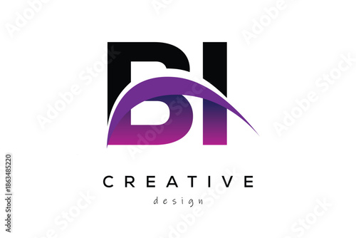 BI Creative And Modern Letter Logo Design with Creative Purple Wave Abstract Latter Logo Concept.