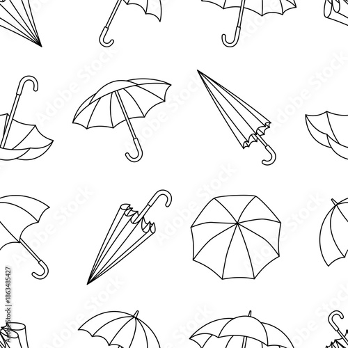 Seamless black and white umbrella outline pattern, elegant linear design for coloring pages, wallpapers, and textiles