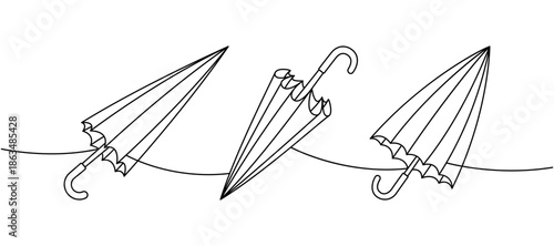 Three folded umbrellas outlined on a curved line. Minimal modern vector symbols for rain protection and seasonal weather design