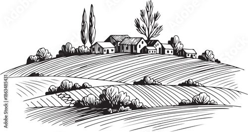 A classic pen-and-ink style vector illustration of a small cluster of farm houses on a rolling hill, featuring detailed hatching and cross-hatching to depict lush fields and trees.