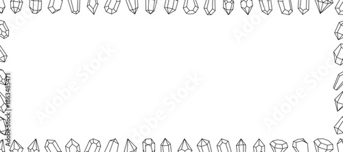 Crystals horizontal outline banner. Precious stones and diamonds. Gemstones, amethyst, ruby, sapphire, emerald, topaz and quartz. Vector illustration