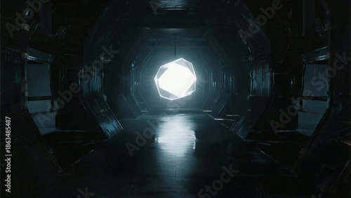 Dark corridor with glowing geometric light